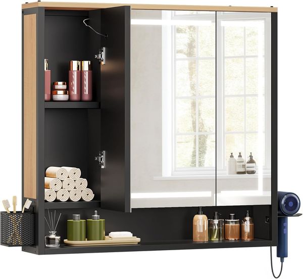 YITAHOME Spiegelschrank Bad mit Beleuchtung, LED Badezimmer Spiegelschrank mit 3 Türen, Steckdosen, Wandschrank, Badezimmerspiegel, hängender Badezimmerschrank, 70W x 15D x 75H cm, Braun and Schwarz