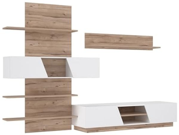 Forte HULON Wohnwand 290 300, Moderne Wohnwand mit 4 Türen, Schrankwand, Holzwerkstoff, Weiß/Stabeiche Holzwerkstoff/Weiß Hochglanz, 296 cm breit x 202,8 cm hoch x 51,8 cm tief