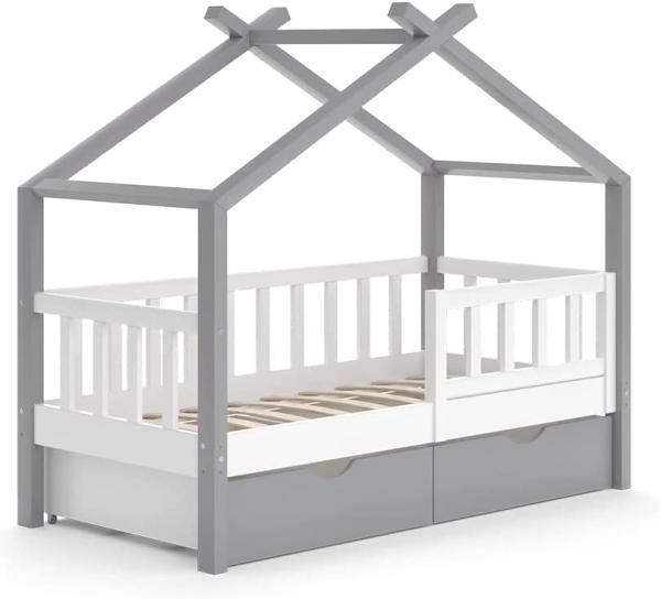 VitaliSpa Kinderbett Hausbett Einzelbett Design Weiß Grau modern 70x140 cm Kinderzimmer Bett Massivholz Lattenrost Schublade Rausfallschutz Schubladenbett