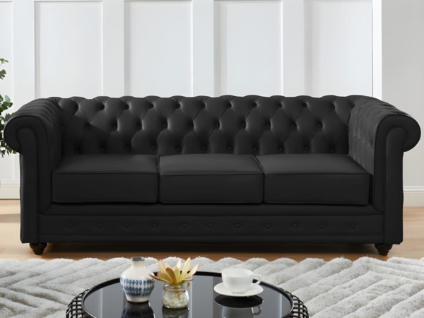Vente-unique - Ledersofa 3-Sitzer - Büffelleder - Schwarz - CHESTERFIELD