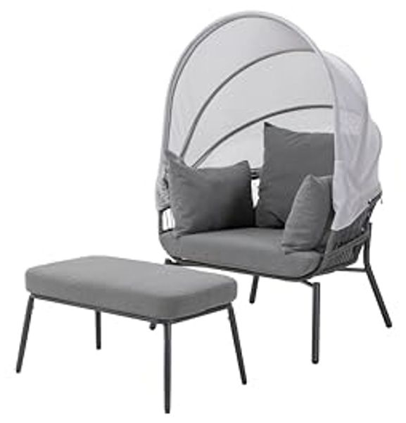LECO Sessel mit Fußhocker CLARA, Sonnendach, Polsterauflage und Kissen grau, Stahlrohrgestell anthrazit, Sessel 102x93x 52 cm, Hocker 89x48x36 cm