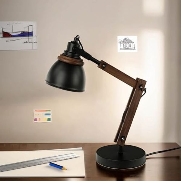 Licht-Erlebnisse Schreibtischlampe NOAH, ohne Leuchtmittel, Tischlampe Holz Metall verstellbar Retro Schreibtisch