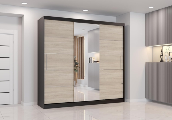 Schiebetürenschrank, eleganter Kleiderschrank Schrank Garderobe Astra mit Spiegel, Schlafzimmer- Wohnzimmerschrank Schiebetüren Modern Design (Schwarz/Sonoma)