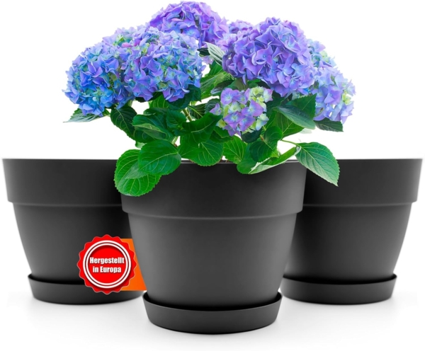 BigDean 3 Stück Blumentopf mit Untersetzer rund ø30 cm in Anthrazit – Übertopf innen + außen geeignet – aus bruchsicherem Kunststoff & Made in Europe