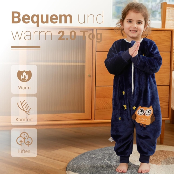 XQ&XG Baby Schlafsack mit Füßen 2.0 Tog,Kinderschlafsack mit langen Ärmeln,Schlafsack Kinder mit Beinen für mädchen und Junge,Eule,90 Bild 2