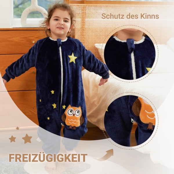 XQ&XG Baby Schlafsack mit Füßen 2.0 Tog,Kinderschlafsack mit langen Ärmeln,Schlafsack Kinder mit Beinen für mädchen und Junge,Eule,90 Bild 6