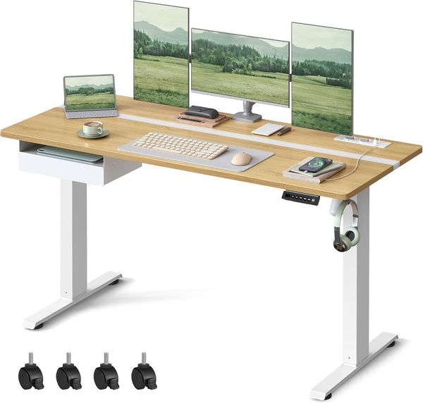Vasagle Höhenverstellbarer Schreibtisch elektrisch, stufenlos verstellbar, Memory-Funktion mit 4 Höhen, goldeichenfarben, 60x140 x (72-120) cm