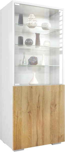 Vladon Standvitrine Granada (Vitrinenschrank, mit Glastür und Glaseinsatz) Weiß matt/Eiche Natur (50 x 122,5 x 34,5 cm)