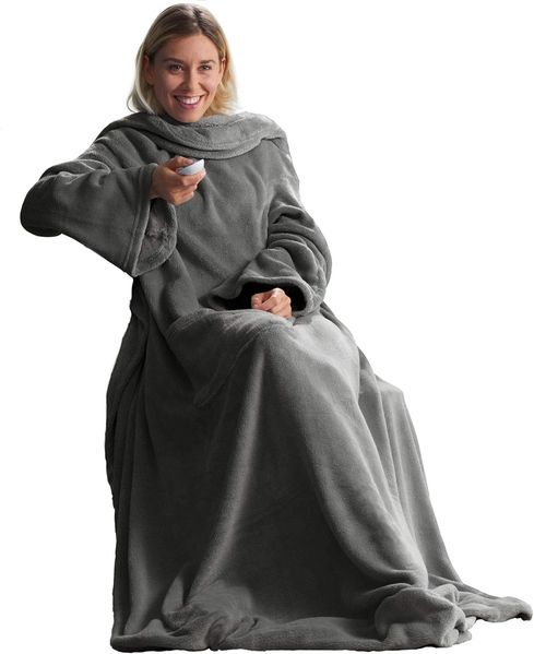 CelinaTex TV-Decke mit Ärmeln und Fußtasche Flauschige Kuscheldecke XL 170x200 cm grau Mikrofaser Fleece Soft Oeko-TEX