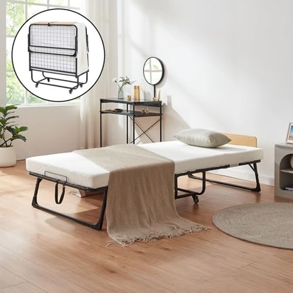 Metall-Klappbett Lustendi mit Matratze 200x90cm Schwarz/Eicheoptik [en. casa]