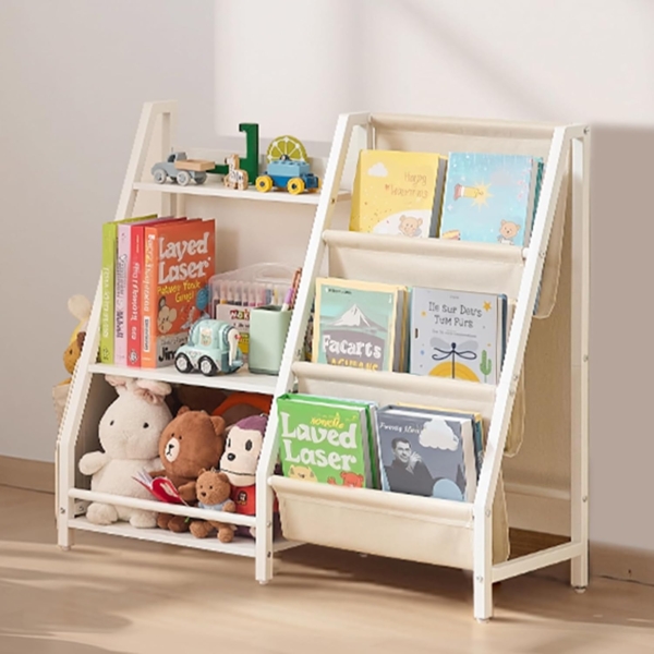 VEVOR Kinderbücherregal Spielzeugaufbewahrung für Kleinkinder Bücherregal mit Stofffächern & Seitentasche, Kinderregal für Kinderzimmer Spielzimmer Kindergarten Kinderkrippe 850 x 300 x 755 mm Bild 2