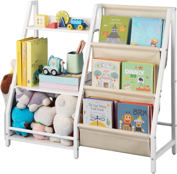 VEVOR Kinderbücherregal Spielzeugaufbewahrung für Kleinkinder Bücherregal mit Stofffächern & Seitentasche, Kinderregal für Kinderzimmer Spielzimmer Kindergarten Kinderkrippe 850 x 300 x 755 mm Bild 9