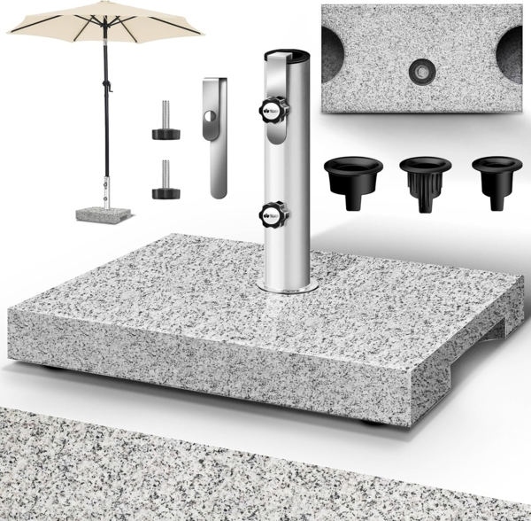 tillvex® Granit Sonnenschirmständer mit Transportgriff Grau - 27 kg Rechteckig | Schirmständer Sonnenschirm mit Edelstahlrohr | Balkonschirmständer für Schirmstöcke 16-48 mm & 300 cm Schirmdurchmesser