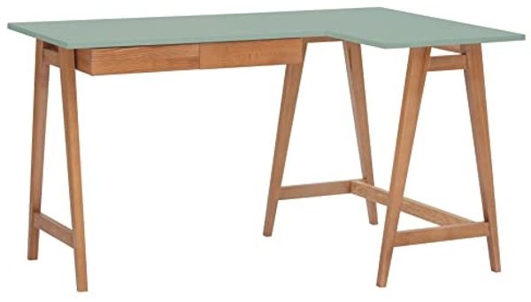 Ragaba Eckschreibtisch mit 2 Schubladen und Fußstütze, MDF & Massives Eschenholz Eichenbeize, 135x85 cm, Salbei Grün, Rechts