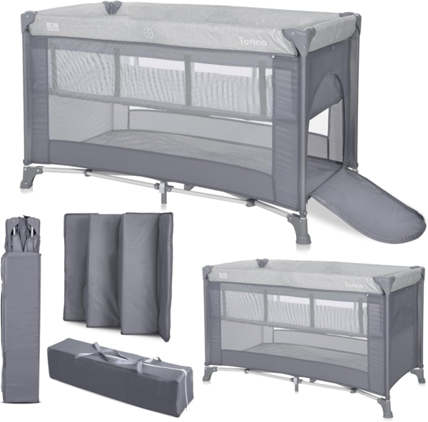 Lorelli Reisebett Torino 2 Ebenen faltbar seitliche Öffnung Tragetasche Matratze dunkelgrau