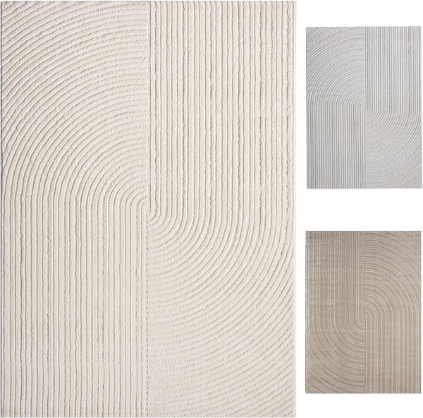 Vimoda Teppich Teppich Wohnzimmer Boho Design dünn kurzflur teppich, Rechteckig, Höhe: 6 mm, Hoch Tief Effekt 3D Teppich, in Creme, Grau &Taupe Läufer Schlafzimmer