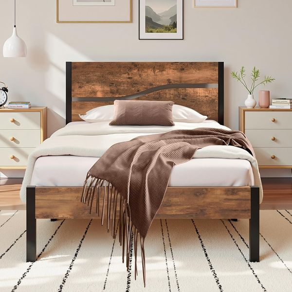 VECELO Bettgestell 90x200 cm Bettrahmen aus Metall mit Lattenrost, Einzelbett Metallbett mit Dick Holzkopfteil, Vintage Gästebett Jugendbett, Perfekt für Schlafzimmer, Braun