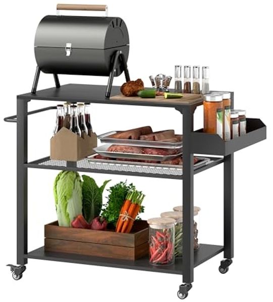 Outsunny Servierwagen 3-Etagen mit Arbeitsfläche Ablagen Räder, aus Edelstahl, (BBQ Grilltisch, 1 St, Grillwagen), für Garten, Terrasse, 105 x 50 x 79 cm Schwarz