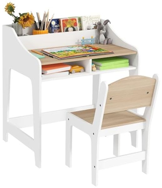 AIYAPLAY Kindertisch mit Stauraum, für 3-8 Jahre (Schülerschreibtisch, 2-St, Kinder Schreibtisch und Stuhl), für Kinderzimmer, Naturholz