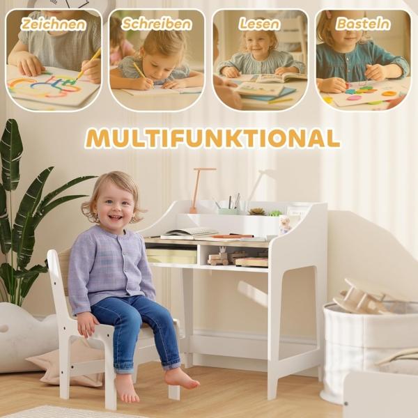 AIYAPLAY Kindertisch mit Stauraum, für 3-8 Jahre (Schülerschreibtisch, 2-St, Kinder Schreibtisch und Stuhl), für Kinderzimmer, Naturholz Bild 3