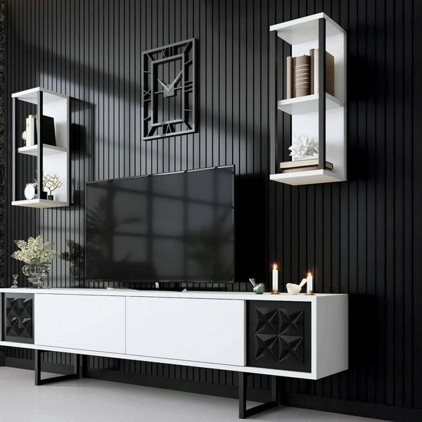 Dmora - Fernsehschrank Kaus, Ständer für Wohnzimmerfernseher, Niedriges Wohnzimmer-Sideboard, TV-Ständerbasis, 180x30h48 cm, Weiß und Schwarz