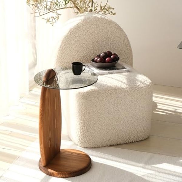 Hanah Home Elegant Side Table, 35 x 53 x 35 cm | 100% Tempered Glass Top, Solid Wood Frame in Chestnut & Fume | Perfect for Modern Living Spaces