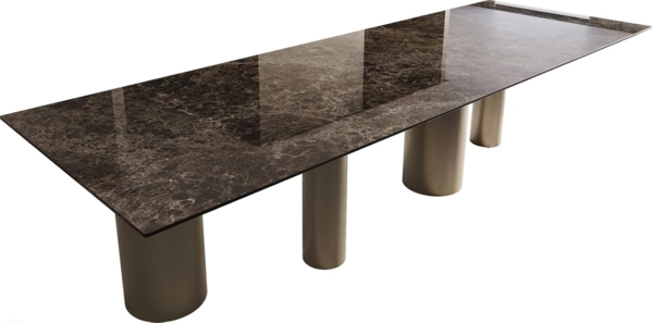 Esstisch Edge 300x100 Keramik Laminam® Emperador Extra Lucidato Dunkelbraun Pilier Metall Effektfinish Titan