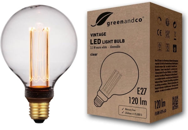 greenandco LED Vintage Glühbirne zur Stimmungsbeleuchtung | dimmbar | E27 G95 | klar | 3,5W 120lm | 1800K extra warmweiß | 320° | 230V | flimmerfrei | Edison Glühbirne