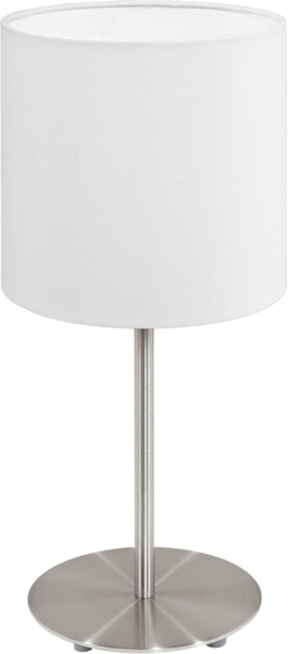 Eglo 31594 Tischlampe PASTERI nickel-matt, Textil weiss E27 max. 1X60W H:40cm Ø18cm mit Kabelschalter