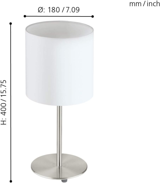 Eglo 31594 Tischlampe PASTERI nickel-matt, Textil weiss E27 max. 1X60W H:40cm Ø18cm mit Kabelschalter Bild 6