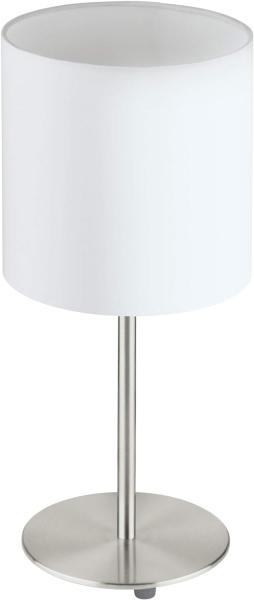 Eglo 31594 Tischlampe PASTERI nickel-matt, Textil weiss E27 max. 1X60W H:40cm Ø18cm mit Kabelschalter