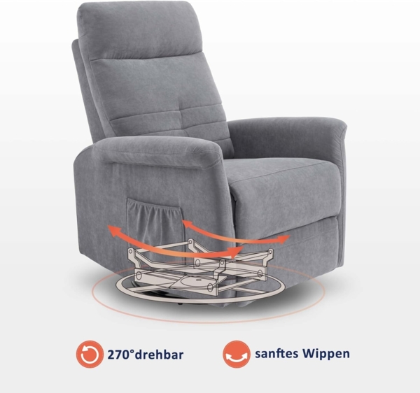 M MCombo Relaxsessel Fernsehsessel mit Liegefunktion Manuell, Massagesessel mit Wärmefunktion, TV Sessel mit Wippfunktion & Drehfunktion, 270° Drehbar, 7013 (Hellgrau) Bild 6