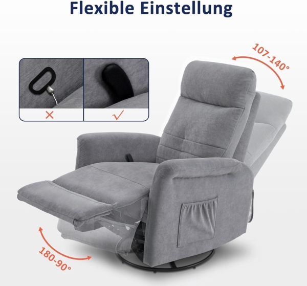 M MCombo Relaxsessel Fernsehsessel mit Liegefunktion Manuell, Massagesessel mit Wärmefunktion, TV Sessel mit Wippfunktion & Drehfunktion, 270° Drehbar, 7013 (Hellgrau) Bild 5