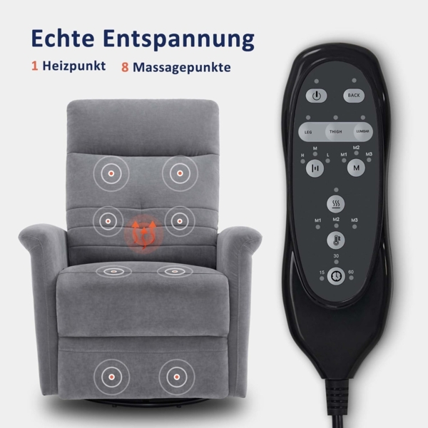 M MCombo Relaxsessel Fernsehsessel mit Liegefunktion Manuell, Massagesessel mit Wärmefunktion, TV Sessel mit Wippfunktion & Drehfunktion, 270° Drehbar, 7013 (Hellgrau) Bild 4
