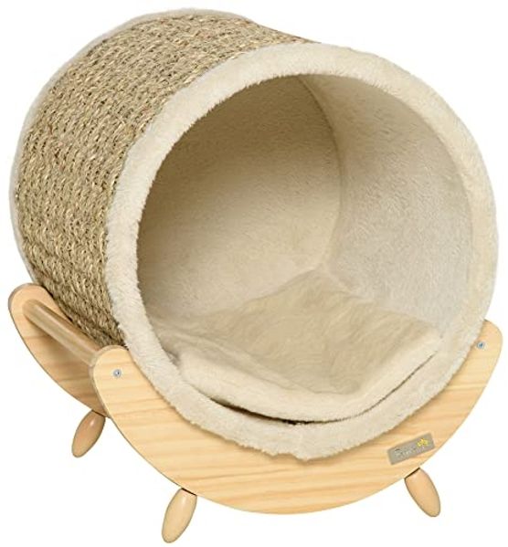 PawHut Tierbett Katzenhöhle mit Kratzfläche inkl. Kissen, Kratztonne, 41 x 38 x 43 cm, Kiefernholz Flanell Khaki+Natur+Beige 41 x 38 x 43 cm
