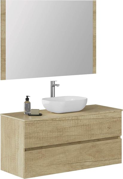 Baikal Badezimmerschrank Onyx, 2 Schubladen, hängend, mit Keramikwaschbecken, montiertes Waschbecken, Melamin 16, F46 + Top + Waschbecken + Spiegel, 120 cm Nature