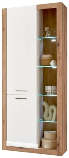 Vitrine Rivian in weiß matt und Eiche 80 x 195 cm