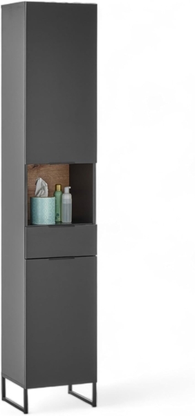 Stella Trading DENVER Badezimmer Hochschrank in Schwarz/Evoke Eiche Optik FSC-zertifiziert - Badezimmerschrank Bad Schrank mit viel Stauraum - 38 x 195 x 32 cm (B/H/T)