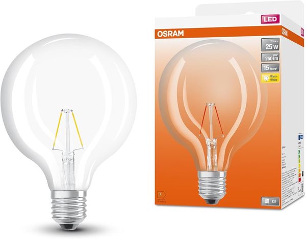 Osram LED-Lampen, klassische Ballform, 25 Watts Ersatz, E27, G125, 2700 Kelvin, Warm weiß, Klares Glas, single Pack