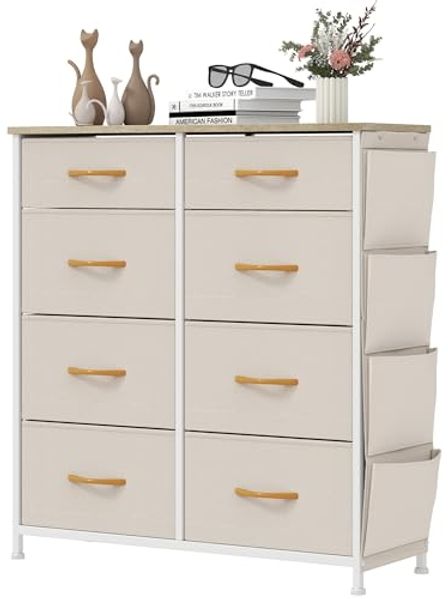 YITAHOME Kommode,Kommode mit 8 Schubladen,Schrank mit Haken und Seitentaschen,Stoffschubladen mit Griffen,Metallgestell,Dauerhaft,Beige