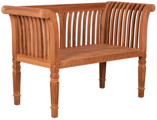 MR. DEKO Gartenbank Newport – Teakholz Bank 120 cm, geschnitzt, mediterran (2-Sitzer Bank, zerlegt geliefert, ideal für Terrasse, 1-St), Massive Sitzbank Garten und Balkon, 250 kg belastbar