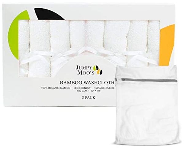 JM Bambus Baby Waschlappen, 8 Stück - Waschlappen Kinder Set, 25x25 cm - Weiche Baby Gesichtstücher Für Sensible Haut - Baby Waschlappen mit ein Wäschesack (Weiß)