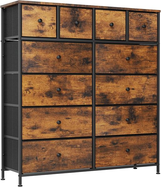 Clevich Stoff-Kommode, Schminktisch Schrank, Aufbewahrungsschrank, 12 Schubladen aus Stoff, Metallrahmen, industrieller Stil, für Wohnzimmer, Flur, Schlafzimmer (Retro braun+schwarz)