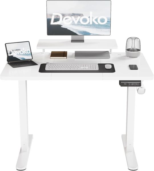 Devoko 120×60cm Elektrisch Höhenverstellbarer Schreibtisch mit Monitorständer, Computer-Schreibtisch, mit 2 Höhen-Speicherfunktionen, Weiße