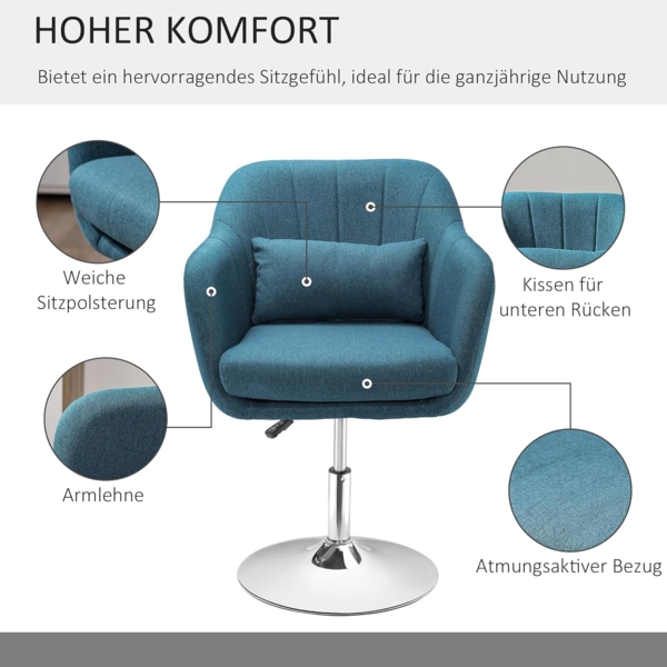 HOMCOM Relaxsessel mit Armlehne, Lendenkissen, Metallrahmen (gepolstert Drehstuhl, 1-St, höhenverstellbar Loungesessel), für Schlafzimmer, Wohnzimmer, Hellblau Bild 6
