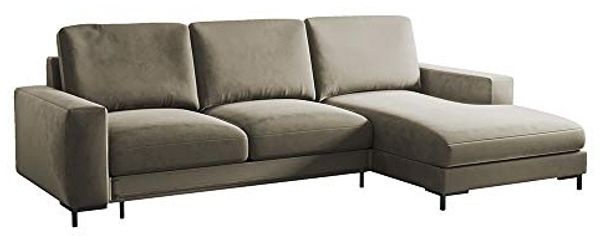 Selsey Mokpeo - Ecksofa mit Schlaffunktion, Bettkasten und schwarzen Füßen, 244 cm breit (Veloursbezug Beige, Ottomane rechts)