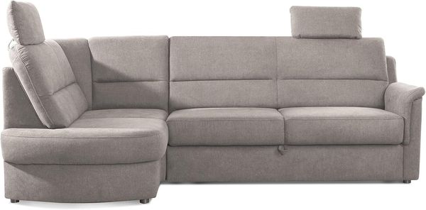 Cavadore Ecksofa Paris mit Federkern / Kleines L-Sofa mit Vorziehsitz, Bettkasten und Ottomane / inkl. 2 Kopfstützen / 243 x 112 x 155 / Hellgrau