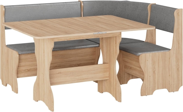 Rodnik Eckbankgruppe "Malta", Eiche Sonoma, Grau, Esstisch auklappbar, Spanplatte, Kunstleder, Sitze gepolstert, mit Stauraum, 151x111 cm