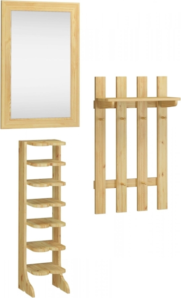 Garderobenset Schuhregal Wandspiegel Hängegarderobe Flurmöbel Massivholz Kiefer 90.80-11-Set