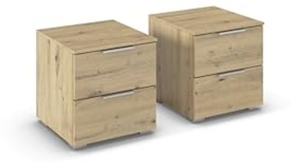 Rauch Möbel Alabama, Nachttisch-Paar für Schlafzimmer, Kinderzimmer, Gästezimmer, mit je 2 Schubladen, Soft-Close-Funktion, Farbe Eiche Artisan, Holz, Griff Alufarben, Maße 40 x 42 x 42 cm